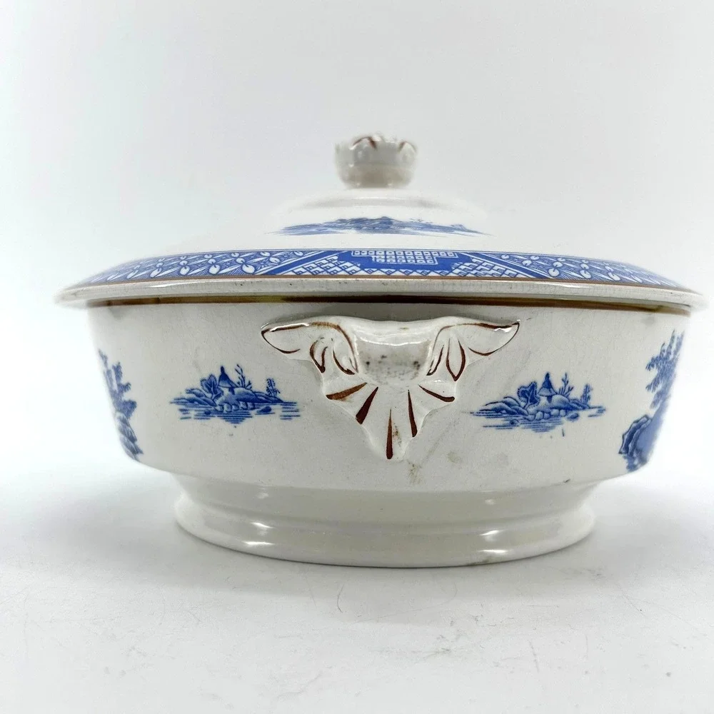 Booths Silicon China Blue Willow Tureen Serving Bowl England Pagoda Pattern
